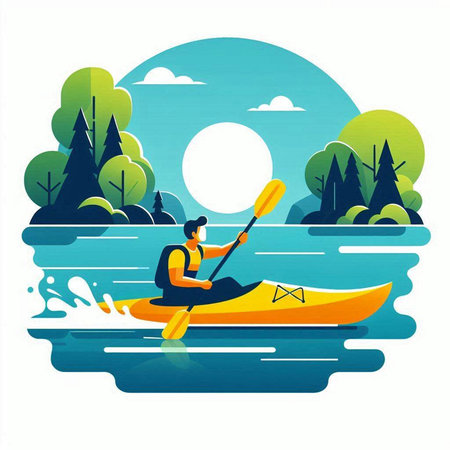 Kayaking on the lake. Vector illustration in flat design style.のイラスト素材