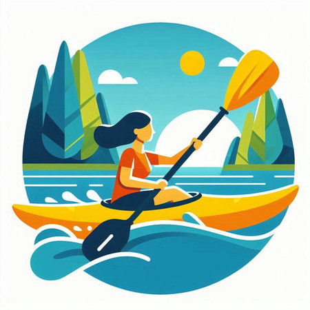 Woman paddling a kayak on the lake. Vector illustration.のイラスト素材