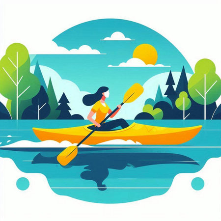Young woman kayaking on the river. Vector illustration in flat styleのイラスト素材
