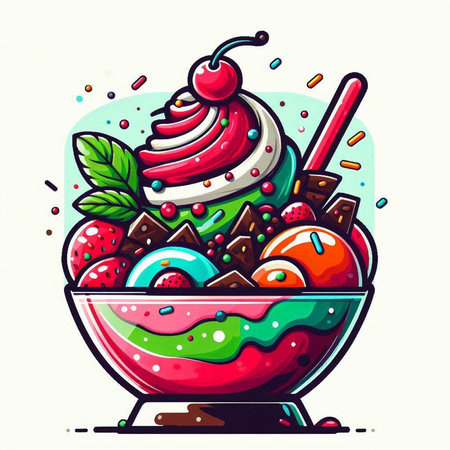Ice cream in a bowl with strawberries and chocolate. Vector illustration.のイラスト素材