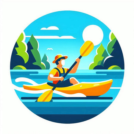 Kayaking on the lake. Flat vector illustration of a man in a kayak with a paddle.のイラスト素材