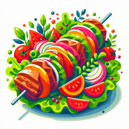 Illustration of a skewer of meat on a plate with vegetablesのイラスト素材
