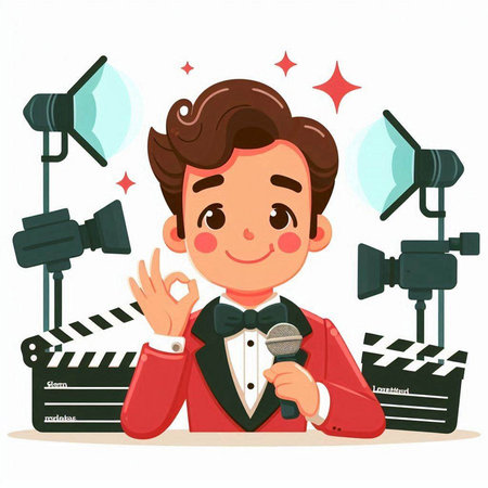 Cute cartoon boy with microphone and clapperboard. Vector illustration.のイラスト素材