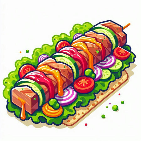 Shish kebab with vegetables and ketchup. Vector illustration.のイラスト素材