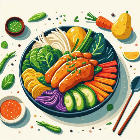 Illustration of a plate of asian food with salmon and vegetablesのイラスト素材