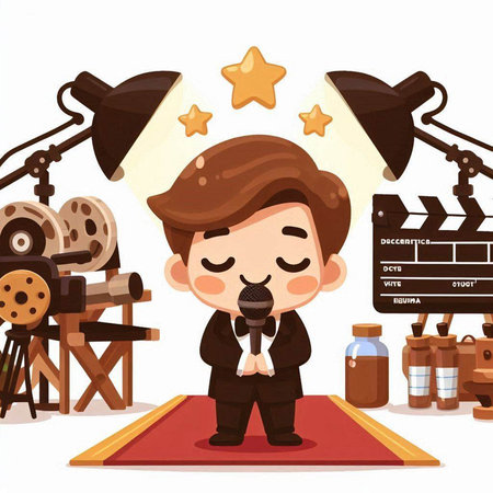 Cute cartoon cameraman with microphone and clapperboard. Vector illustration.のイラスト素材