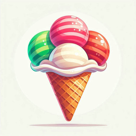 Colorful ice cream in waffle cone with balls. Vector illustration.のイラスト素材