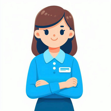 Vector illustration of a young woman in a blue blouse with folded arms.のイラスト素材
