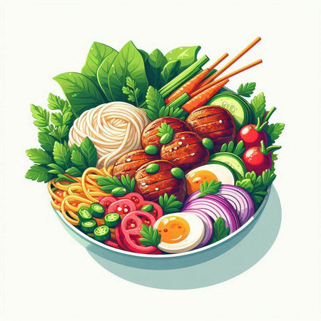 Vegetable salad in bowl with chopsticks. Vector illustration.のイラスト素材