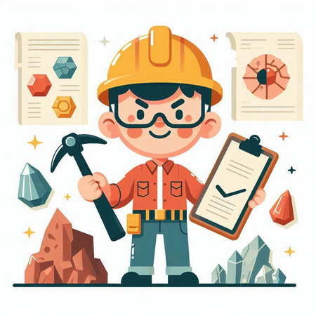 Cartoon vector illustration of a miner with a hammer and a clipboardのイラスト素材