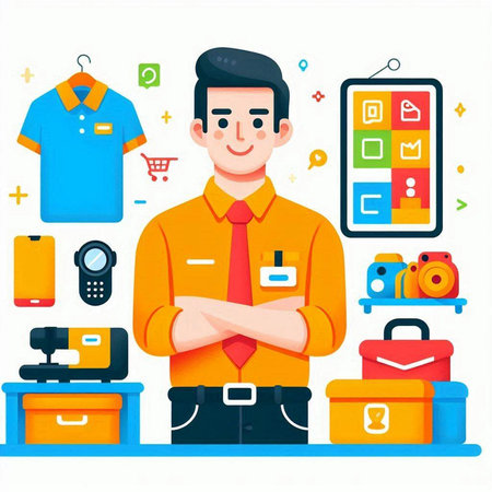 Cartoon man standing with his arms crossed in front of the camera. Vector illustration.のイラスト素材