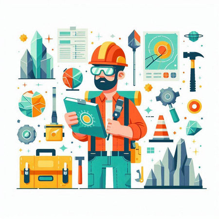 Engineer in helmet with construction tools. Engineer in flat style. Vector illustrationのイラスト素材