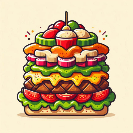 Vector illustration of a big hamburger with meat, vegetables and sauce.のイラスト素材