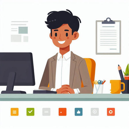 Vector illustration of a young businessman sitting at his desk in office.のイラスト素材