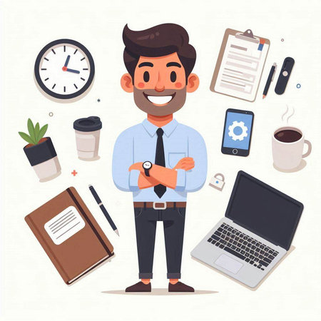 Businessman with laptop and office objects. Vector illustration in cartoon styleのイラスト素材
