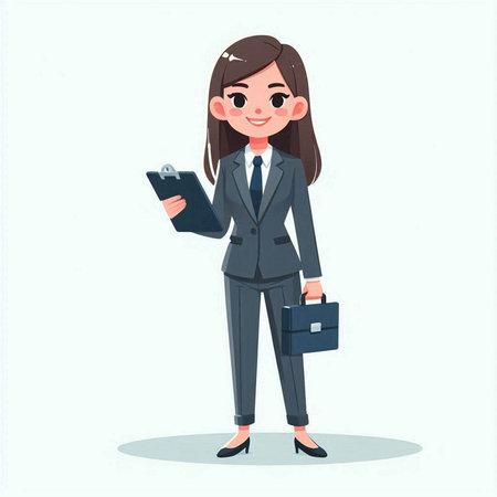 Businesswoman holding clipboard and briefcase. Vector illustration in cartoon style.のイラスト素材