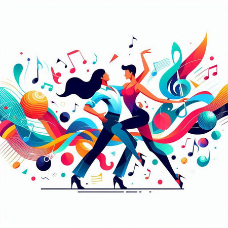 Couple dancing tango in colorful music background, vector illustration.のイラスト素材