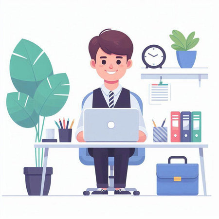 Businessman sitting at desk and working on laptop. Flat style vector illustration.のイラスト素材