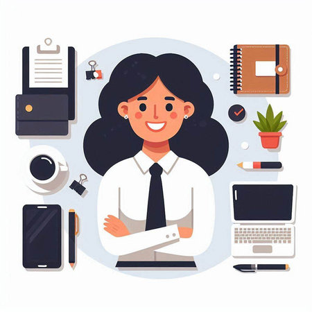 Business woman working at office. Vector illustration in flat cartoon style.のイラスト素材