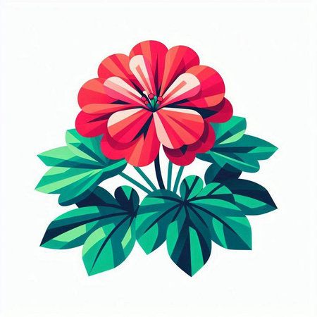Illustration of a red geranium with green leaves on a white backgroundのイラスト素材