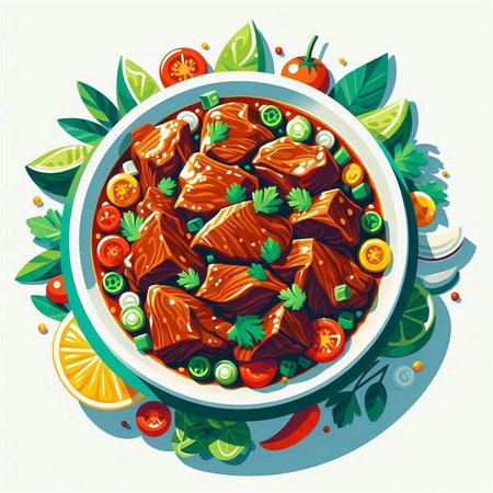 Beef stew with vegetables and spices in a bowl. Vector illustration.のイラスト素材