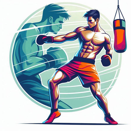 Boxer training with punching bag. Vector illustration of a boxer with punching bag.のイラスト素材