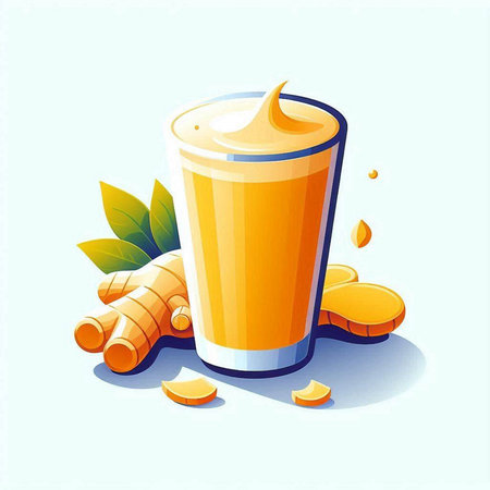 Fresh turmeric smoothie in a glass with turmeric powder and fresh turmeric leaves. Vector illustration.のイラスト素材