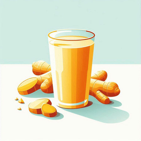 Illustration of a glass of turmeric juice with fresh turmericのイラスト素材