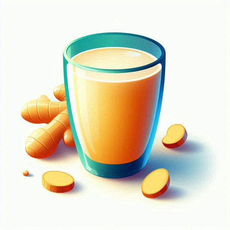 Glass of ginger juice with ginger root and pills on a white backgroundのイラスト素材
