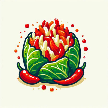 Illustration of a Cabbage with Red Chilli Peppers.のイラスト素材