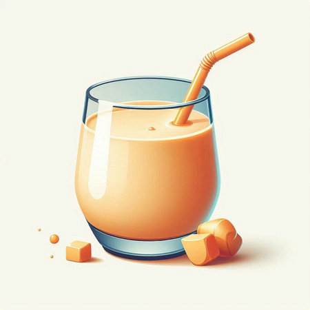 Glass of milk shake with ice cubes and straw. Vector illustration.のイラスト素材