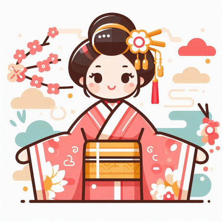 Cute Japanese girl in a kimono. Vector illustration.のイラスト素材