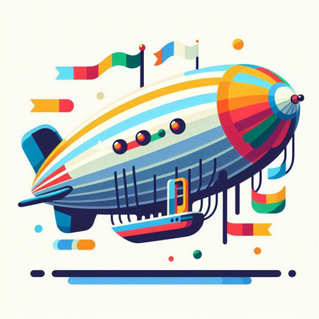 Airship with flags and ribbons. Vector illustration in flat styleのイラスト素材