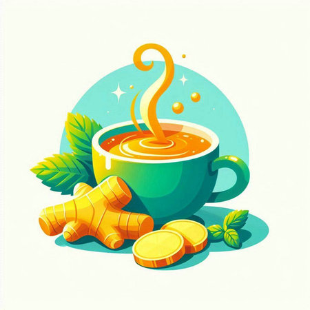 Cup of tea with ginger, turmeric and mint. Vector illustration.のイラスト素材