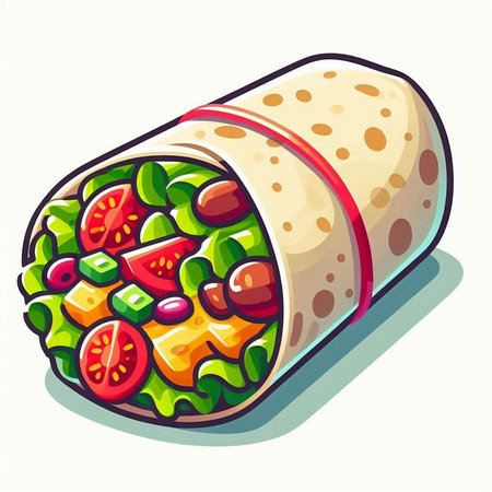 Tortilla wrap with fresh vegetables and cheese. Vector illustration.のイラスト素材
