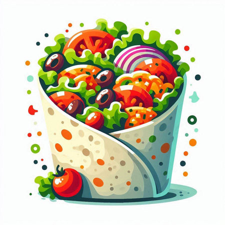 Vector illustration of a salad with tomatoes, olives and lettuce.のイラスト素材