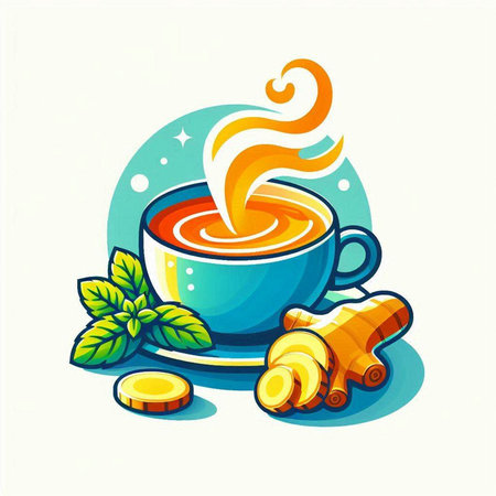 Vector illustration of cup of hot drink with turmeric and ginger.のイラスト素材