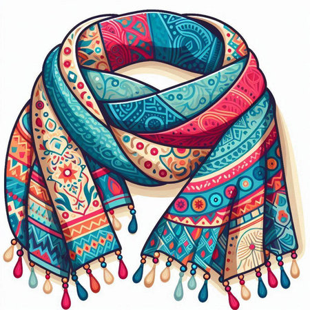 Colorful scarf with ethnic ornaments. Hand drawn illustration.のイラスト素材