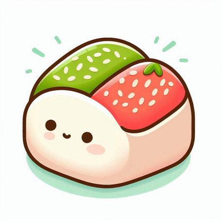 Illustration of a sushi roll with a kawaii face on a white backgroundのイラスト素材