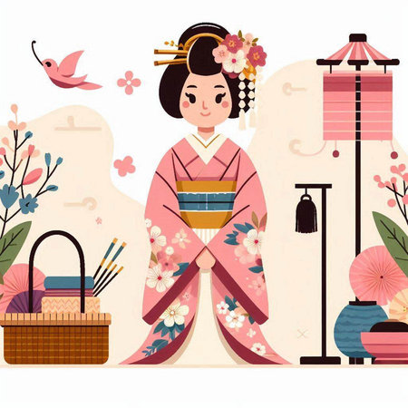 Hina japanese girl in kimono, vector illustrationのイラスト素材
