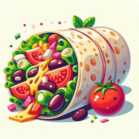 Illustration of a tortilla wrap with fresh vegetables and olivesのイラスト素材