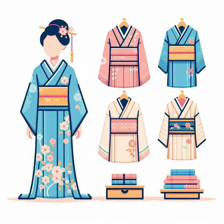 Japanese kimono set. Traditional japanese clothing. Vector illustrationのイラスト素材