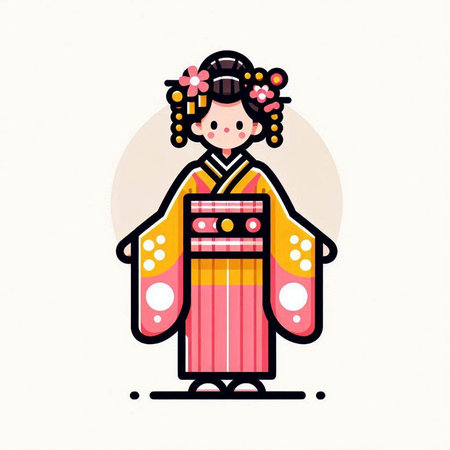 Cute korean girl in traditional kimono. Vector illustration.のイラスト素材