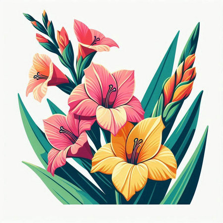 Bouquet of pink and yellow iris flowers. Vector illustration.のイラスト素材