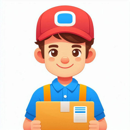 Delivery boy in uniform holding cardboard box and smiling. Delivery service concept. Vector illustration.のイラスト素材