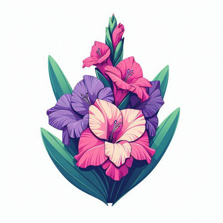 Illustration of a bouquet of purple and pink gladiolus flowersのイラスト素材