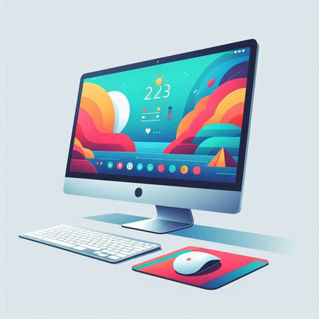 Modern computer monitor with colorful screen, keyboard and mouse. Vector illustrationのイラスト素材
