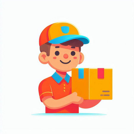 Courier boy in uniform delivering parcel box. Vector illustration.のイラスト素材
