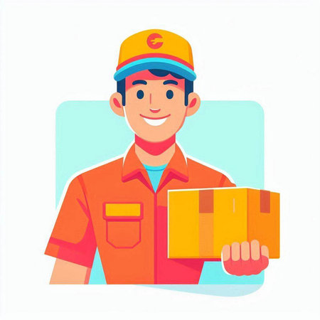 Delivery man in uniform holding boxes. Vector illustration in cartoon style.のイラスト素材