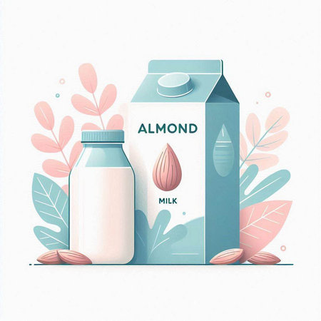 Almond milk in a glass bottle and packaging. Vector illustration.のイラスト素材